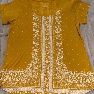 Lucky Brand Mustard Yellow Floral Scoop Neck Tee